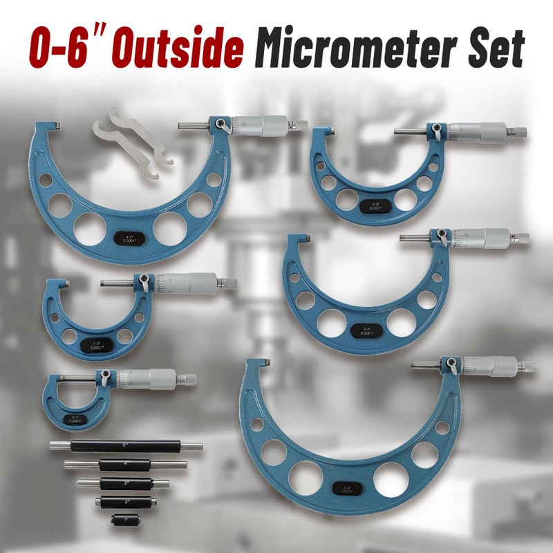 findmall 0-6" Outside Micrometer Set (0-1", 1-2", 2-3", 3-4", 4-5", 5-6"), 0.0001" Accurate Carbide Ratchet Handle Accuracy Machinist Tool Set with Carbide Tip - Image 2
